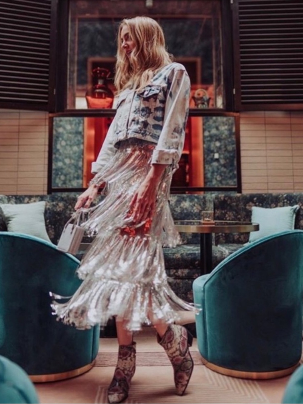 Zara Metallic Silver Fringe Tiered Midi Skirt